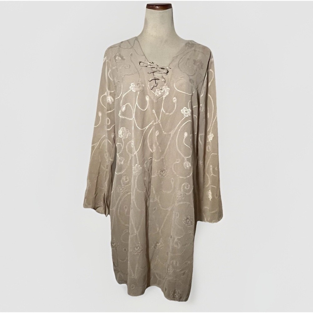 Selene Sport Tunic Top Womens Large Beige Floral Embroidered Lace Up V-Neck Boho